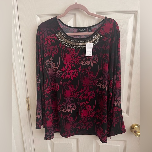 NWT Susan Graver Floral Print Stone Neck Blouse - Size XL - Picture 1 of 4